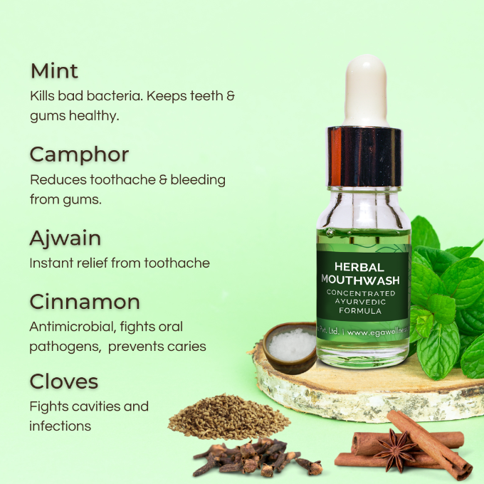 EGA herbal mouthwash contains Mint, Camphor, Ajwain, Cinnamon, Cloves