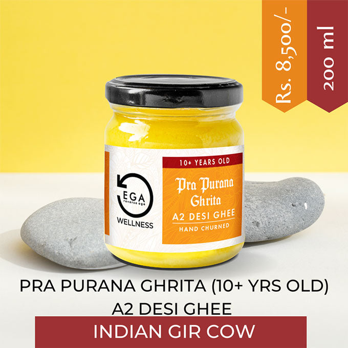 pra purana a2 desi ghee from gir cows. this ghee is more than 10 years old. Buy authentic desi ghee from ega wellness.